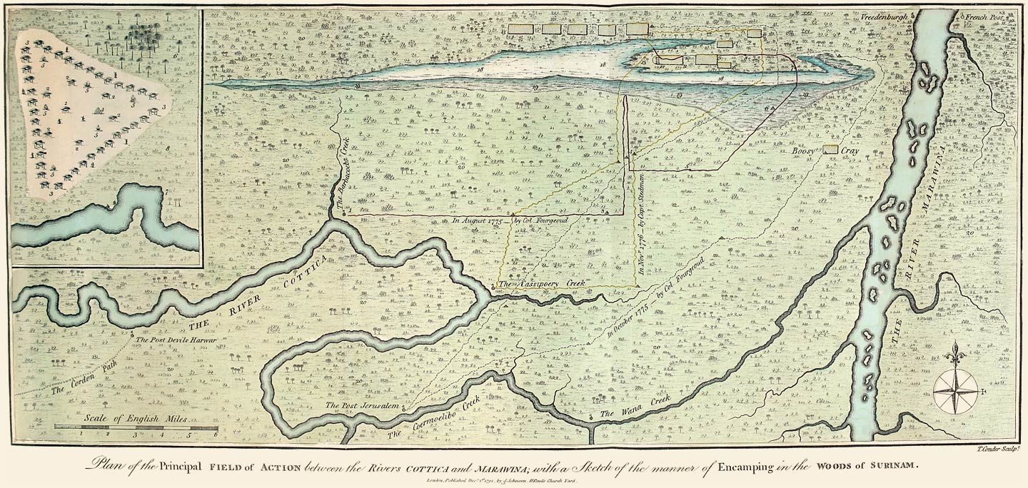 Plan of the Principal Field of Action between the Rivers Cottica and Marawina; with a Sketch of the manner of Encamping in the Woods of Surinam.