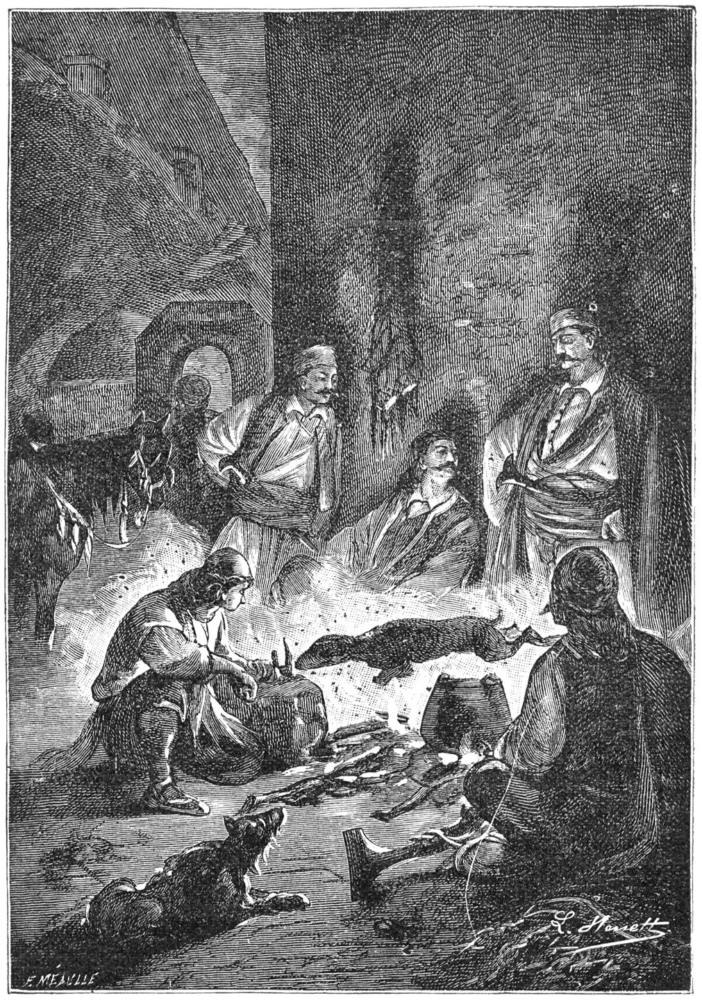 Waarboven zij een klein schaap, aan een houten spit geregen, op Albaneesche wijze lieten braden. (Bladz. 38.)