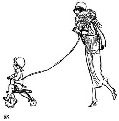 [Boy on tricycle leading woman]