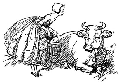 [Woman with bucket speaking with recumbent cow]