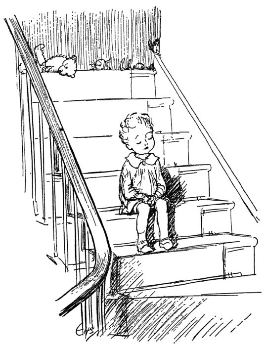 [Boy seated on stairs]