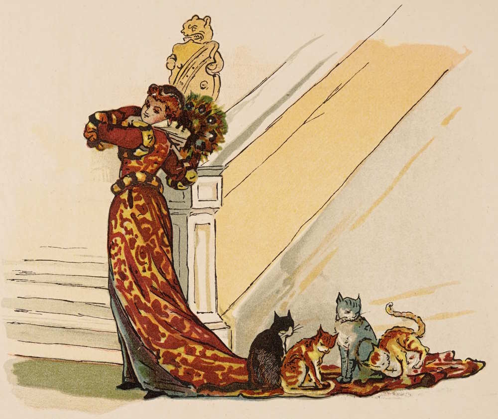 Lady with cats on long dress