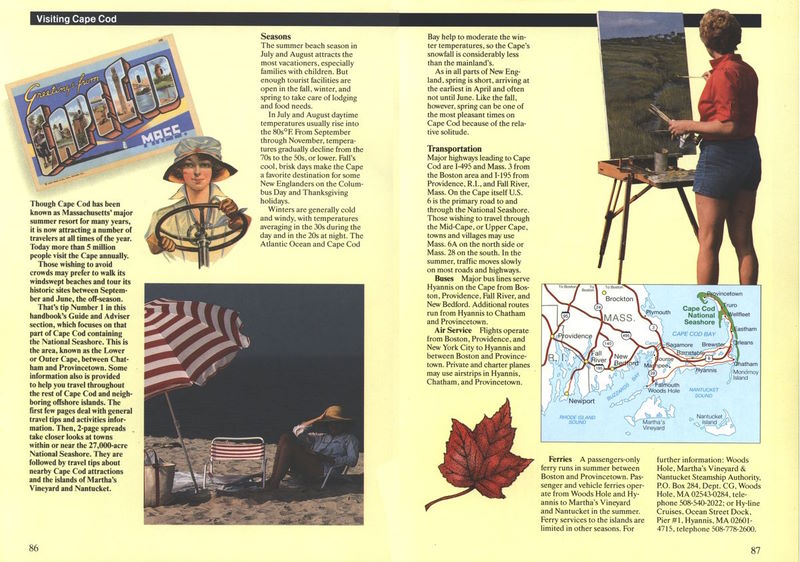 (Postcard with “Greetings from Cape Cod”.   Woman sitting on a sunny beach. Portrait of a bus driver.   Artist painting a Cape Cod scene. Red maple leaf.   Map of major highways into and on the Cape.)