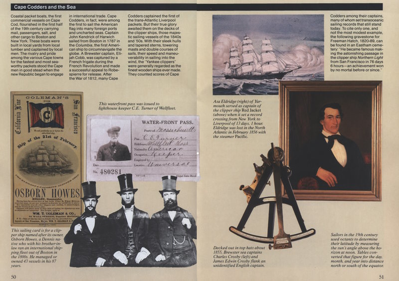 (Waterfront pass. Sailing card.   Brewster sea captains. A Yankee clipper.   Captain Asa Eldridge. An octant.)