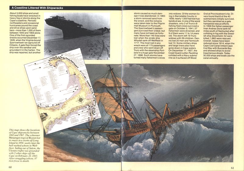 (Locations of Cape shipwrecks.   The schooner “Messenger” grounded in Wellfleet.   The fishing boat “Ulysses” in rough seas.)