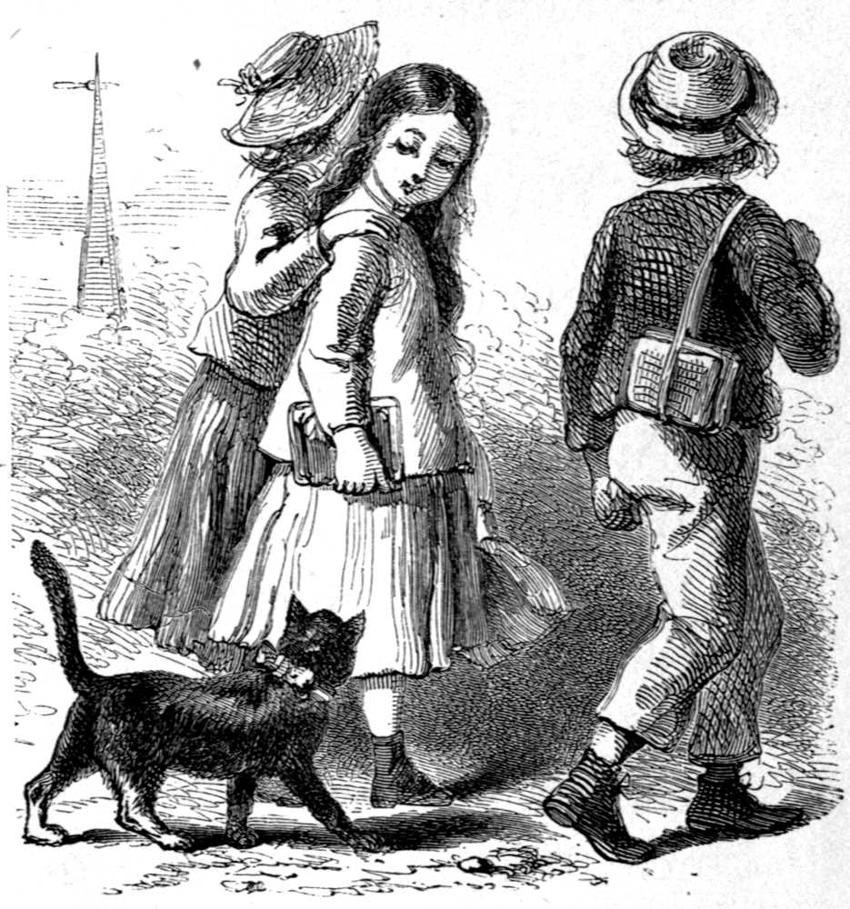 Three kids walking with cat following