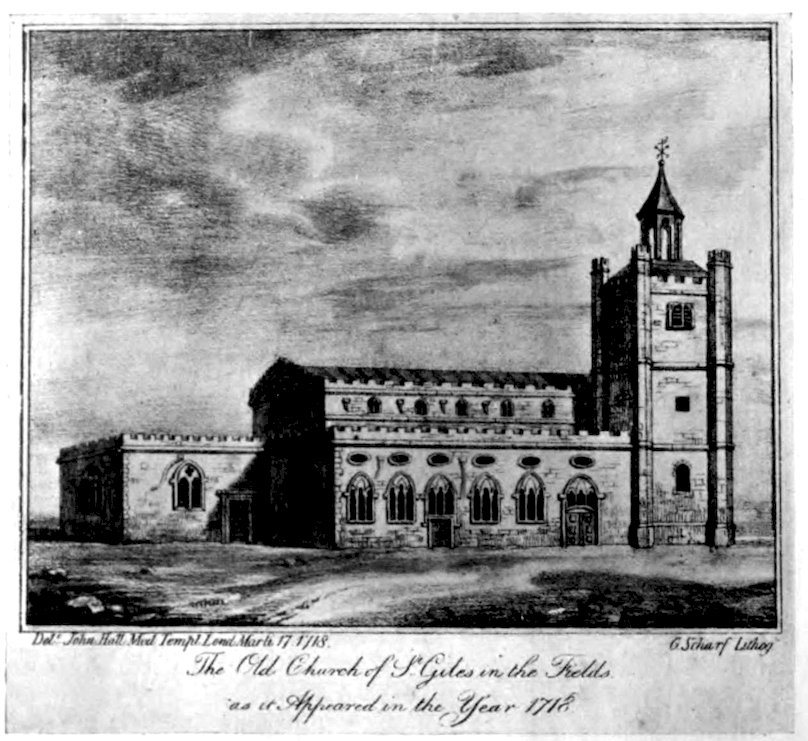 Del<sup>t</sup>. John Hall Med Templ Lond Marti 17 1718.      G Scharf Lithog The Old Church of S<sup>t</sup>. Giles in the Fields as it Appeared in the Year 1718