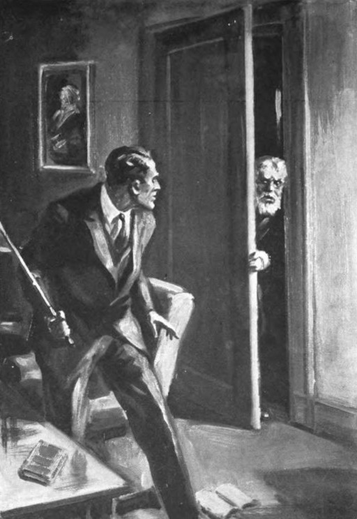 A man standing before a desk and     holding a fire poker is staring at a white-bearded man poking his     head in the door to the room.