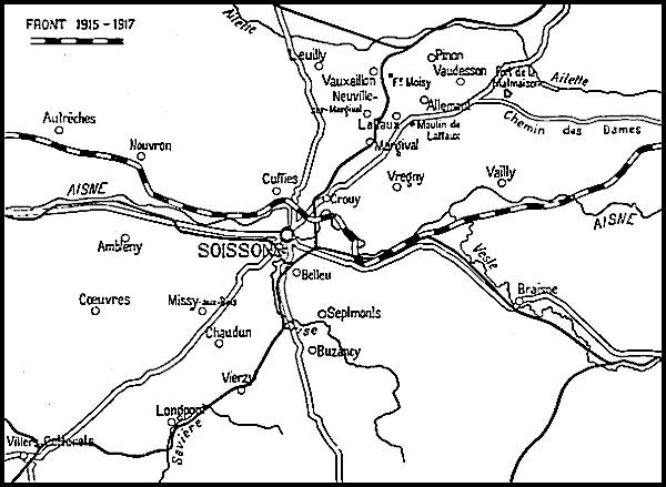Map showing the area around Soissons.