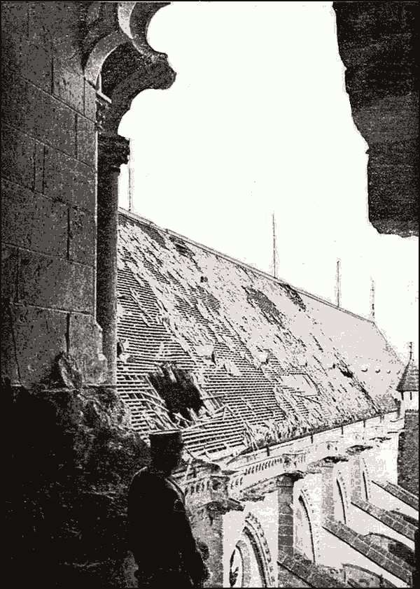 Photograph of the damage caused by the first shells to hit the Main Roof.