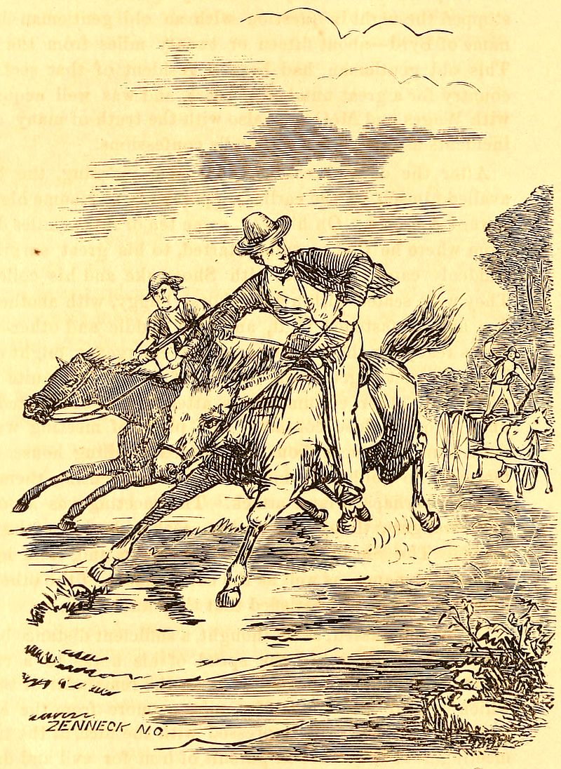 A man on a horse rides away from the Copelan Clan behind him.