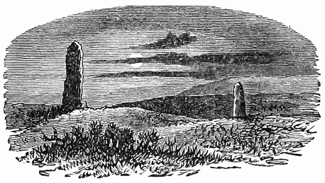 Two menhirs with moon at night.