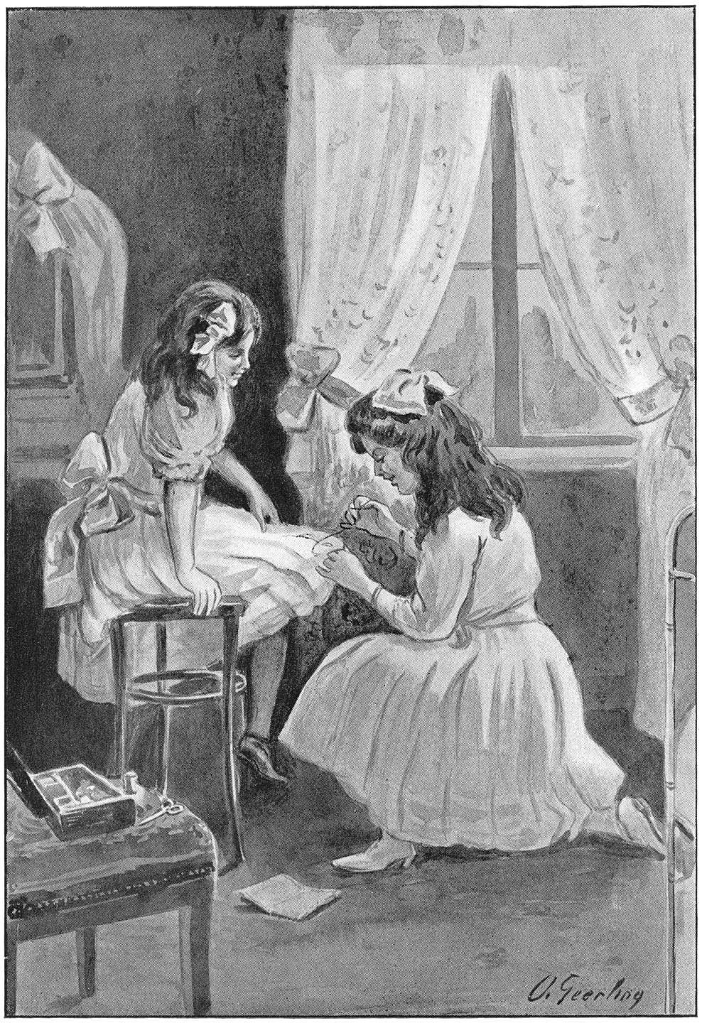 ...en begon nu handig Annie’s jurk te naaien.