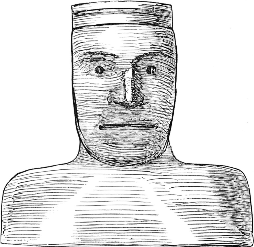 In Holz geschnitzter   männlicher Kopf als Schutzgottheit