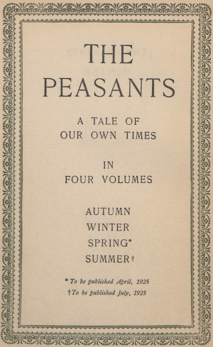 Series title page image with decorative border. THE PEASANTS; A TALE OF OUR OWN TIMES IN FOUR VOLUMES; AUTUMN; WINTER; SPRING; SUMMER
