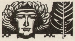 [Illustration of a head crowned with a wreath made from a plant. The person is facing the viewer. A tree (perhaps the source for the wreath) is shown next to the head.]