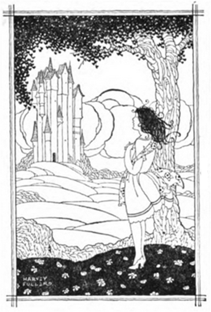 [Illustration of a young girl looking at a distant castle. She’s standing next to a tree that frames the right and top. Her feet, in heels, stand in the midst of scattered leaves. Her skirt and scarf wave in the breeze coming from the castle’s direction. The middle ground is rolling hills. The sky behind the castle has billowing clouds. Art piece is signed “Harvey Fuller.”]