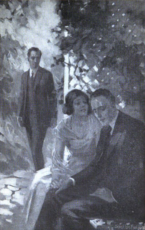 A somber man and woman sit close in a shaded garden as another man approaches, hinting at tension or a dramatic revelation.