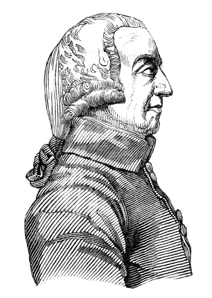 A portrait of a man wearing a coat with a high collar and a wig with a pigtail, presumably Adam Smith.