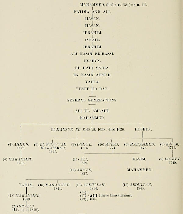 Genealogical descent:   MAHAMMED, died A.D. 632 (= A.H. 11). -> FATIMA AND ALI. -> HASAN. -> HASAN.   -> IBRAHIM. -> ISMAIL. -> IBRAHIM. -> ALI KASIM ER-RASSI. -> HOSEYN. -> EL   HADI YAHIA. -> EN NASIR AHMED. -> YAHIA. -> YUSUF ED DAY. -> SEVERAL   GENERATIONS. -> ALI EL AMLAHI. -> MAHAMMED. [three sons:] -> (4) AHMED,   1677. / (1) MANSUR EL KASIM, 1620; died 1620. / HOSEYN. [son of Ahmed:]   (6) MAHAMMED, 1707. [sons of Mansur el Kasim:] (2) EL MUAYYAD MAHAMMED,   1645. / (3) ISMAIL, 1676. [sons of Hoseyn:] (10) ABBAS, 1774. / (5)   MAHAMMED, 1678. [no issue] / (8) KASIM, 1719. [son of Kasim:] (9)   HOSEYN, 1740. [sons of Abbas:] (11) ALI, 1809. / KASIM. [descent   from Kasim:] MAHAMMED. -> (15) ABDULLAH, 1840. [son of Ali:] (12)   AHMED, 1817. -> [three sons:] YAHIA. / (16) MAHAMMED, 1844. [no   issue] / (13) ABDULLAH, 1834. [descent from Yahia:] (18) MAHAMMED,   1849. -> (20) GHALIB (Living in 1859). [son of Abdullah:] (14) (17)   (19) ALI (three times Imam). 186-.
