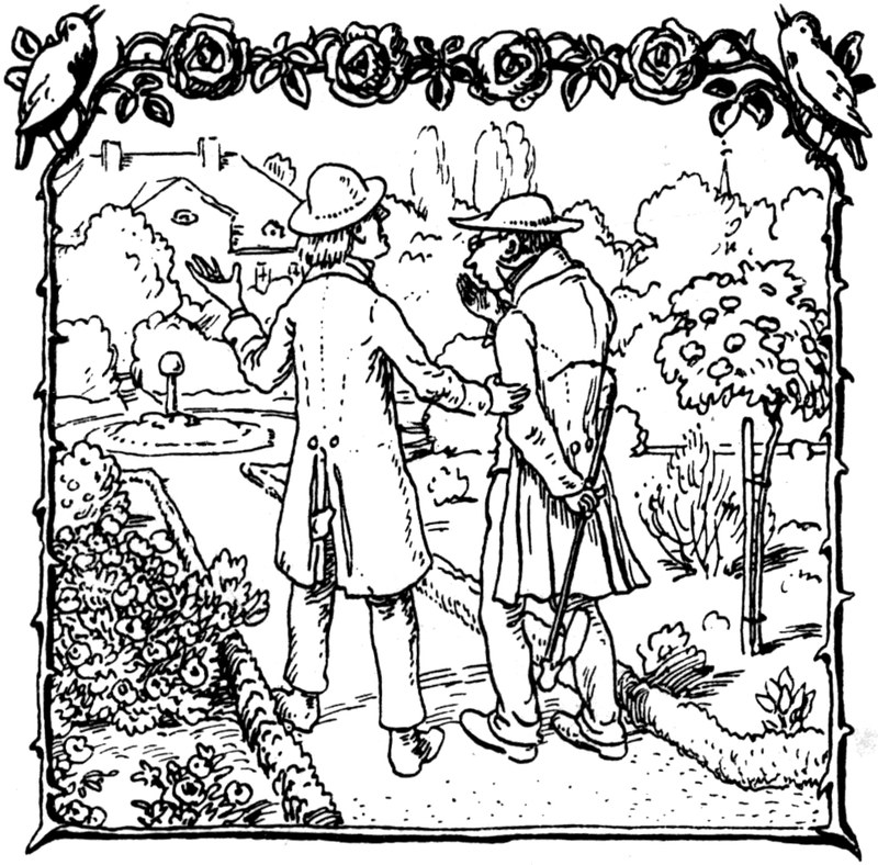 Ein Gelehrter diskutiert   im Garten mit seinem Nachbarn über den Frühling