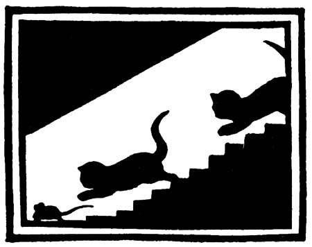 The mouse scurrying down the steps, and Sally and Oxford following it