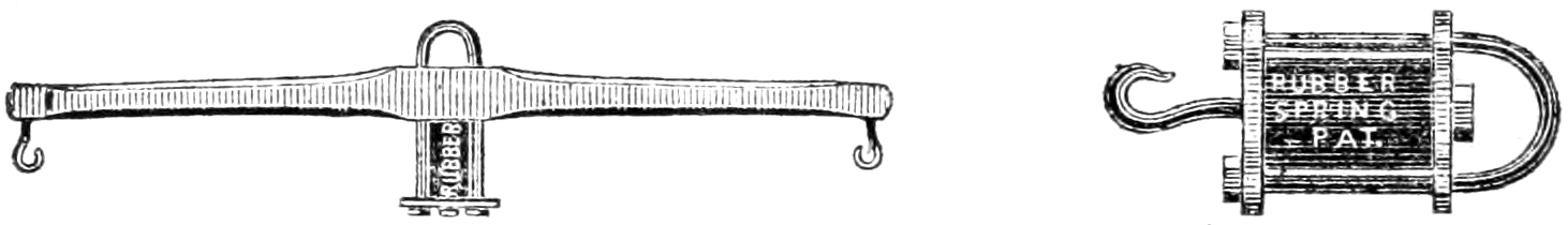 A spring with a ring on one end and a hook on the other as well as a bar with a pivot in the center and hooks on either end