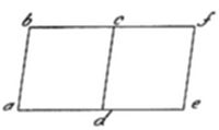  geometric diagram showing a parallelogram divided into two equal parts by a diagonal line, with vertices labeled a, b, c, d, e, and f. Simple line drawing illustrating a mathematical concept.