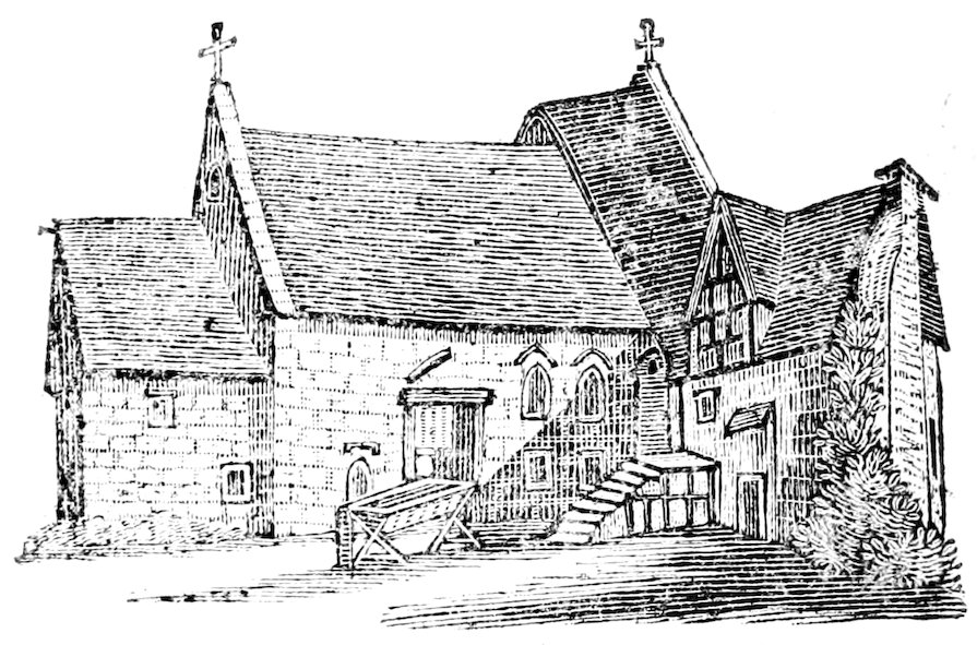 Black-and-white engraving of a group of connected buildings with steep gabled roofs, small arched windows, and two crosses at the roof peaks. A set of exterior steps and a small platform stand at the center, with a cart in front. A tall tree rises at the right side.