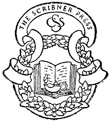 Emblem of The Scribner Press featuring an open book, a lamp, and decorative wreaths.