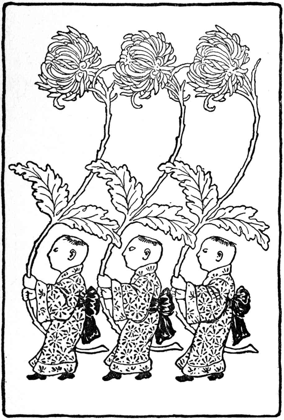 Three monks with lotus flowers