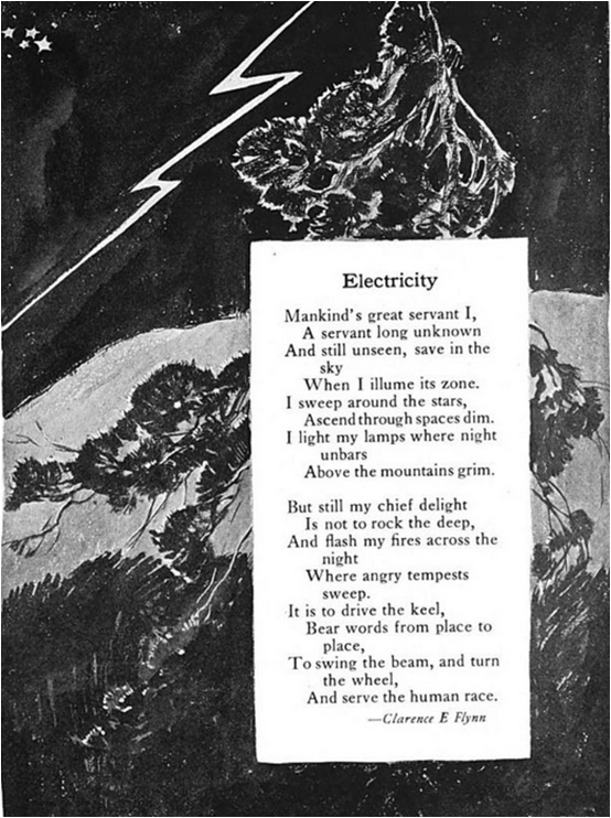 [Illustration of a stormy night. Foreground fills bottom third of the frame with wind-swept grass. Pine tree fills the frame and is illuminated by a single lightning bolt. Behind the tree whiteness fills the middle third of the frame; its rounded top together with its juxtaposition with the rounded foreground gives it a crescent shape (the moon?). A few stars are visible.]