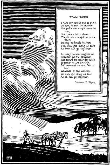 [Illustration of a farming scene. Bottom third of frame is landscape. The foreground features a farmer walking behind and controlling a plow being pulled by two horses. Middle ground has gently rolling hills and a group of trees. Background has mountains. Upper two-thirds of frame is sky with white, billowing clouds. Art piece is signed “McV” (stands for G. R. McVicker).]