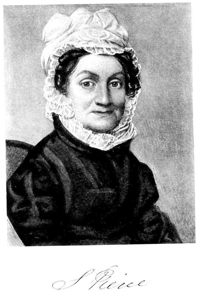 19th-century portrait of an elderly woman in a dark dress with a white ruffled collar and lace bonnet, seated and facing slightly toward the viewer. Signature "S. Pierce" below.