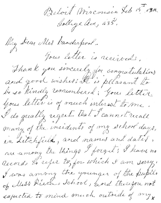 Four-page handwritten letter dated February 14, 1882, written in cursive ink, discussing personal history, family connections, schooling in Litchfield, and memories of the Litchfield Female Academy.