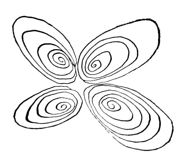 Sketch of four spirals aranged like butterfly wings.