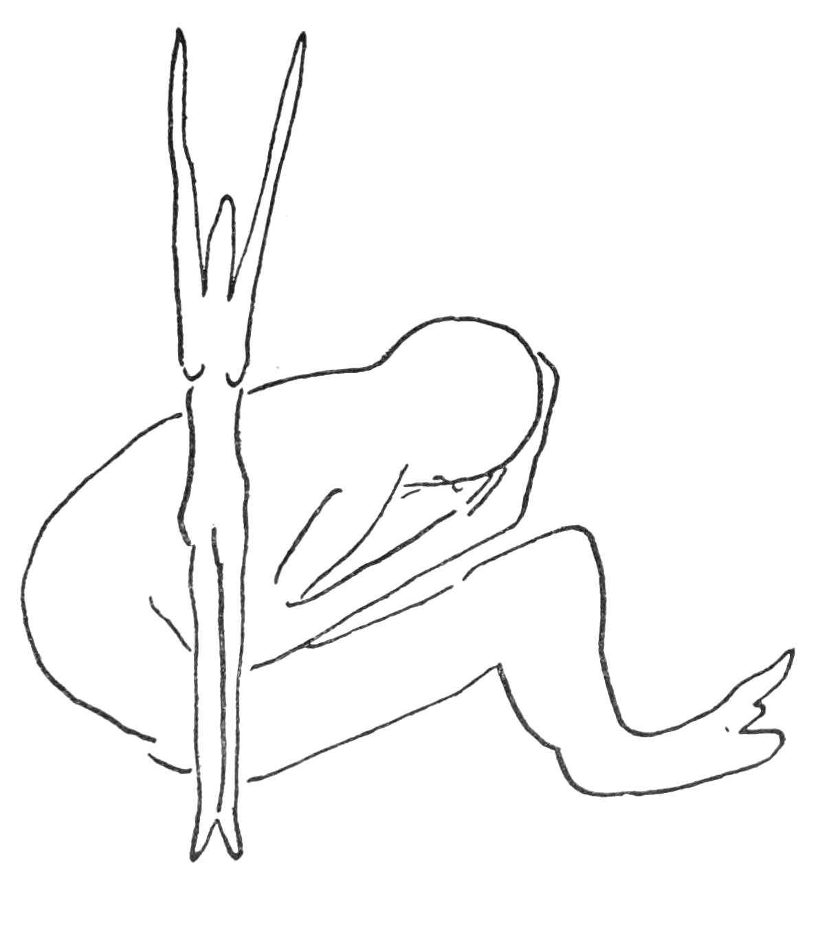 Sketch of curled up male form, and smaller, but upright female form with arms reaching upwards.