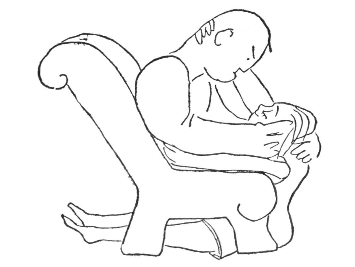 Sketch of man seated in char, a woman is seated on the floor between his knees, her legs stretch out under the chair.