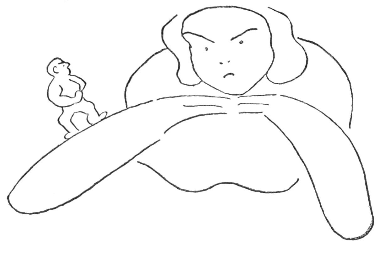 Sketch of frowning woman with hands under her chin, small figure of a man stands on one of her arms.