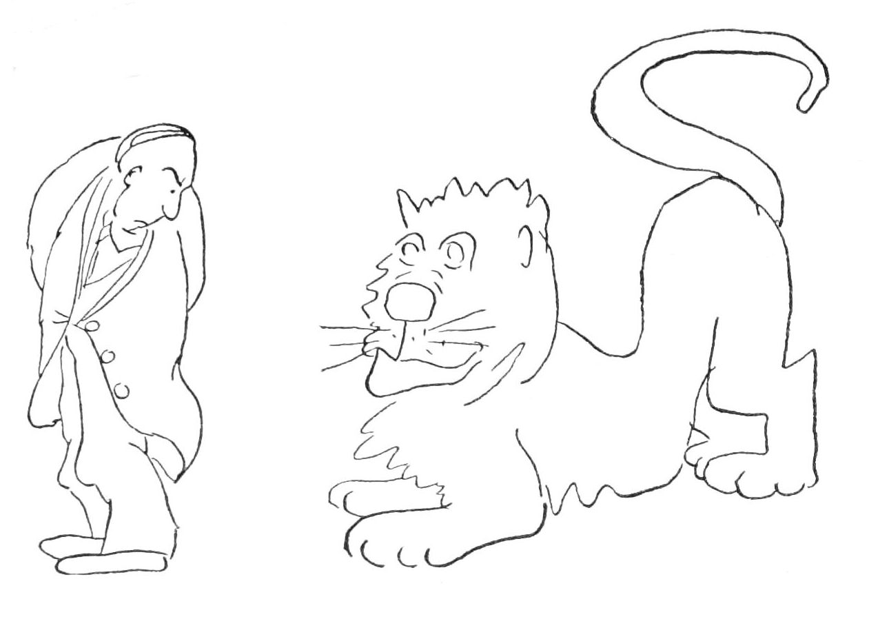 Sketch of man frowning over his shoulder at a crouching lion.