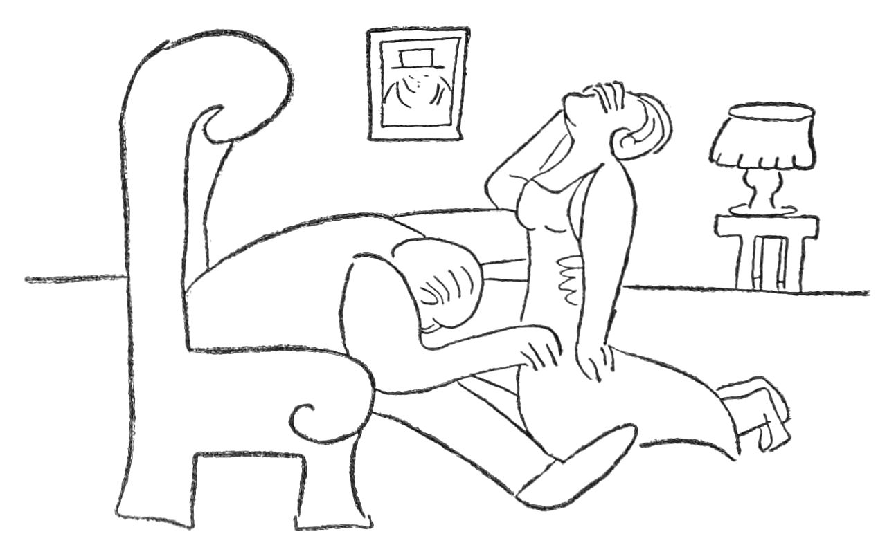 Sketch of man leaned forward seated in a chair. His face is turned down, and his arm is around the waist of a woman kneeling infront of him. She has her head tilted back, and her hand over her eyes.