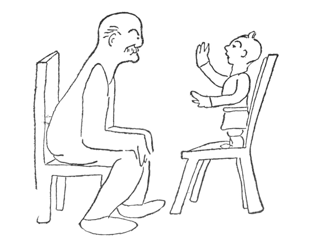 Sketch of man seated in a chair, a small boy stands on a chair in front of him talking.