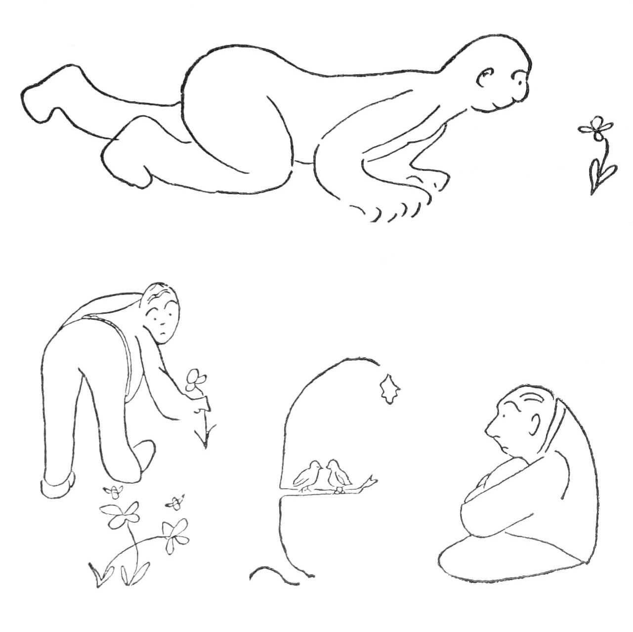Sketch of three figures in various postures in a garden.