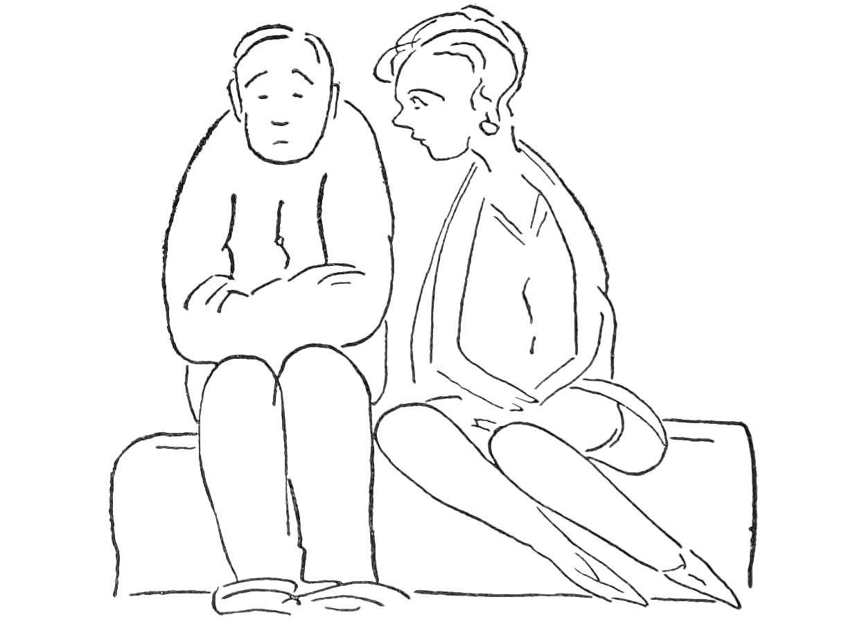 Sketch of man and woman seated next to each other, man has closed body posture, woman looks inquisitively at him, with her knee against his.