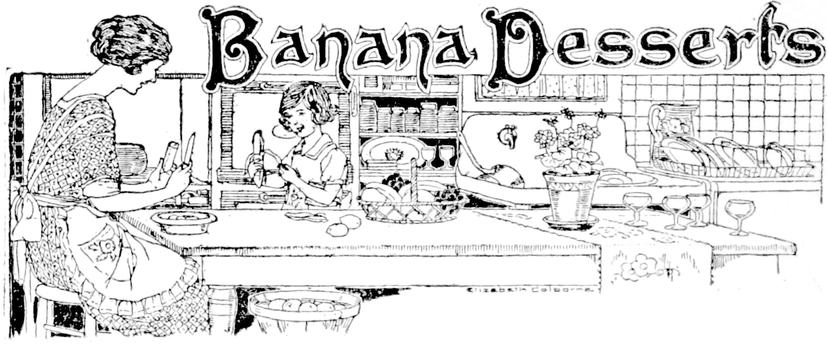 Black and white illustration of a mother and child peeling and cutting bananas at a kitchen table