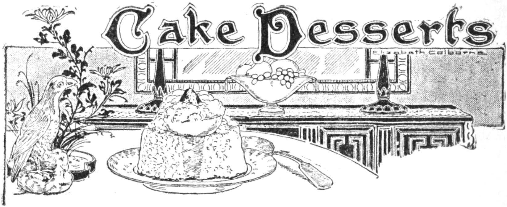 Black and white illustration of a set table with a cake dessert on a plate
