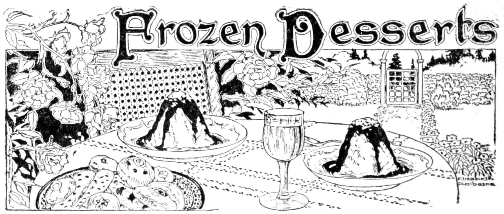 Black and white illustration of two frozen desserts served on plates on a table in a garden