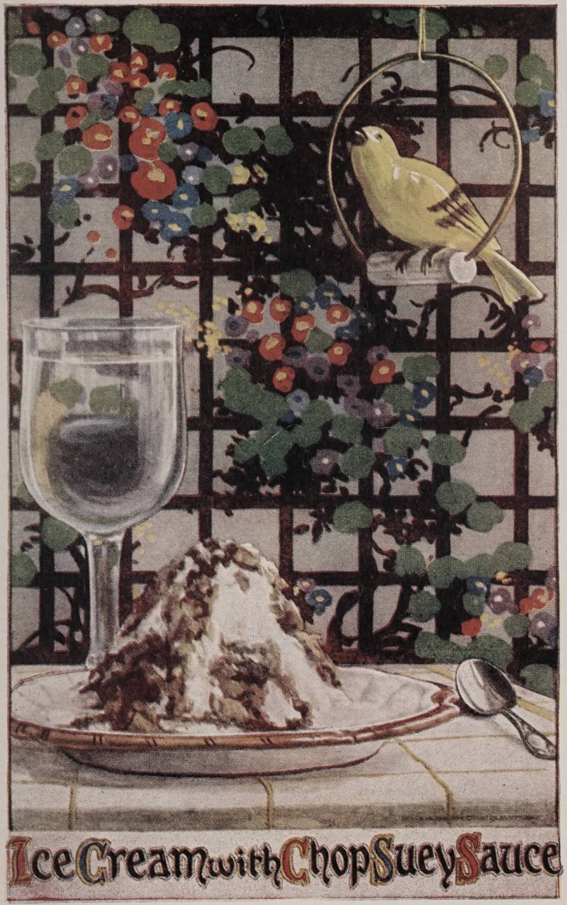 Illustration of an ice cream with chop suey sauce served on a plate next to a glass of wine
