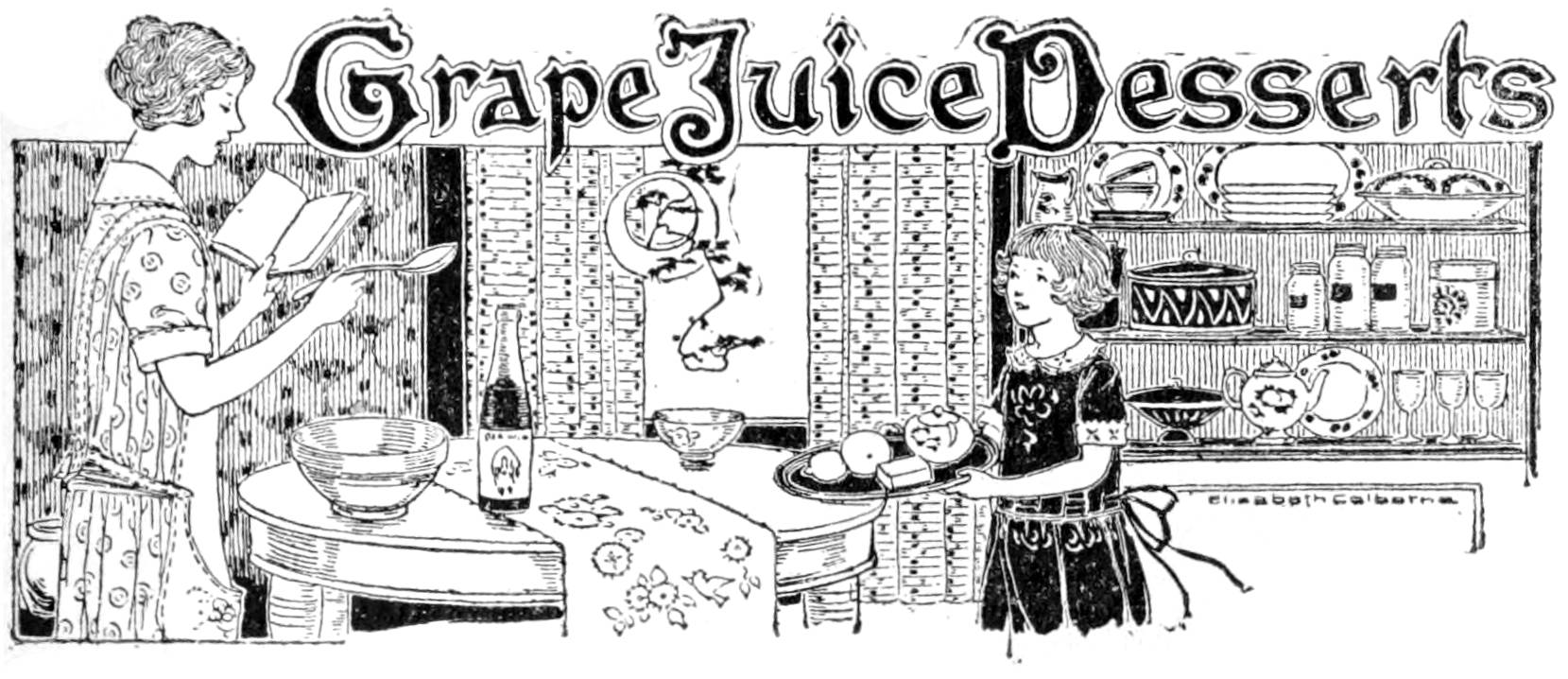 Black and white illustration of a mother reading recipe instructions while standing next to a kitchen table opposed by a child