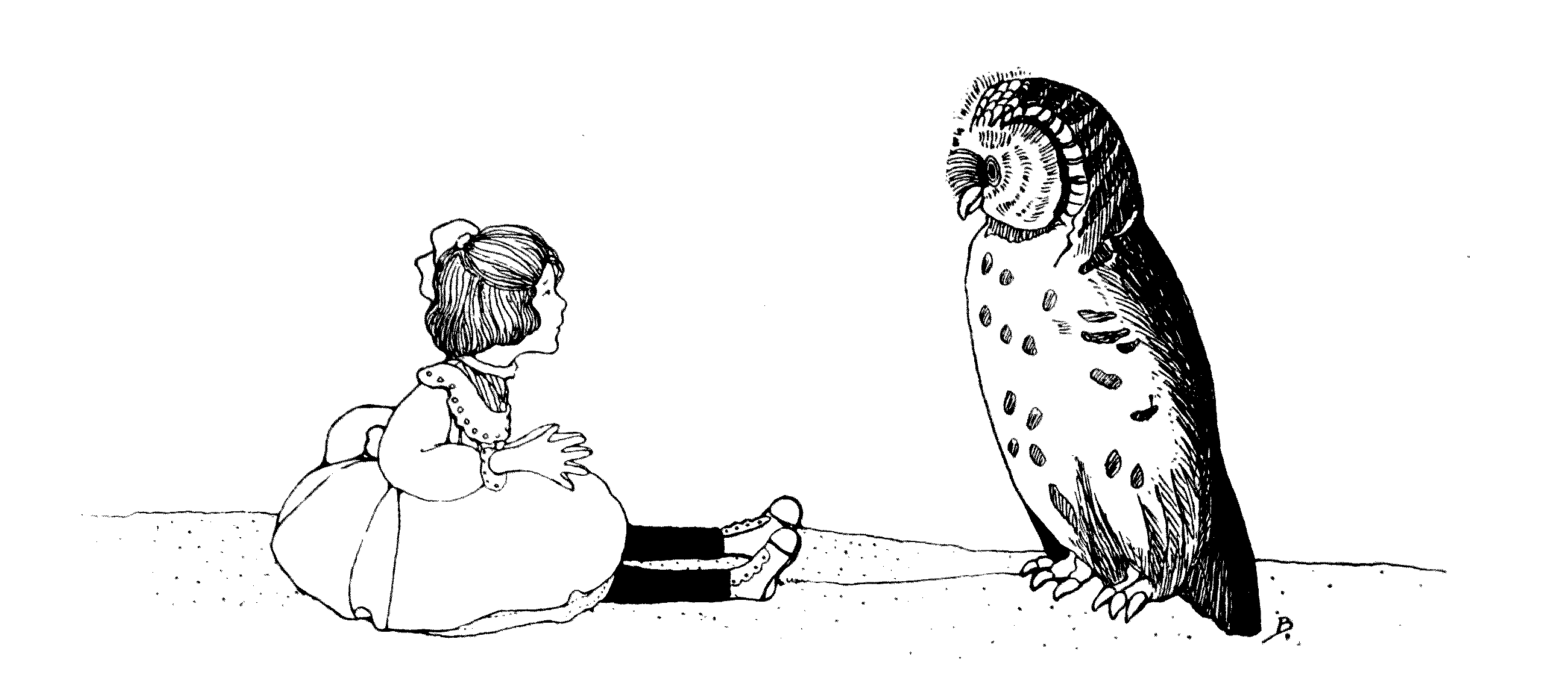 a girl sitting in front of an owl